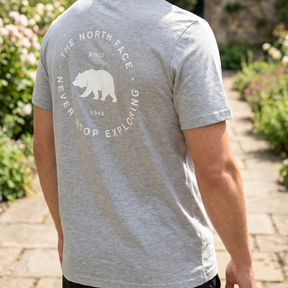 The North Face Mens Grey Short Sleeve Bear‎ Never Stop Exploring Graphic T-Shirt